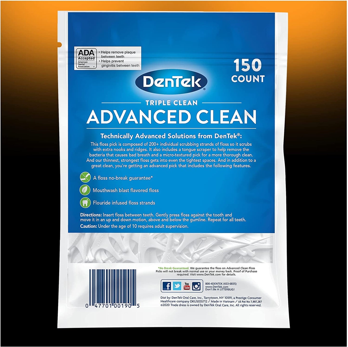 Dentek Triple Clean Advanced Clean Floss Picks, No Break & No Shred Floss, 150 Count