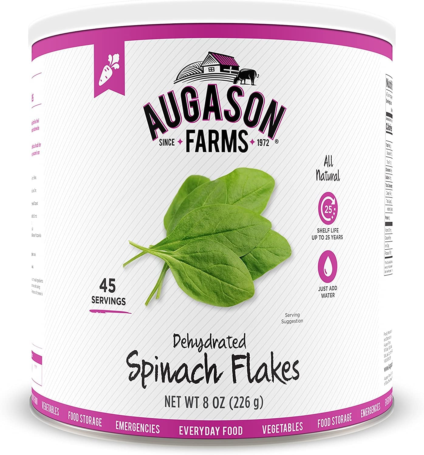 Augason Farms Dehydrated Spinach Flakes 8 Oz No. 10 Can