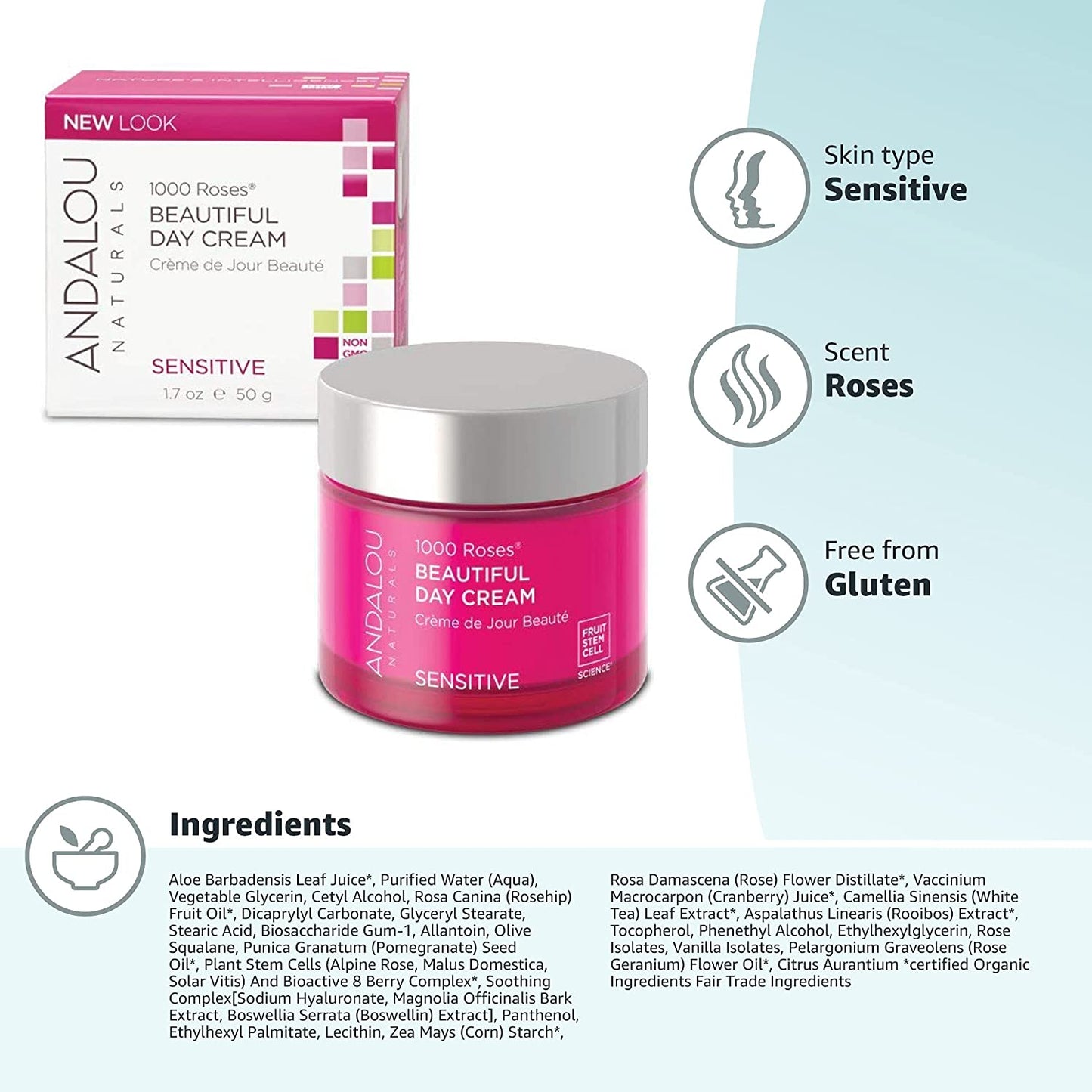 Andalou Naturals 1000 Roses Beautiful Day Cream, 1.7 Oz