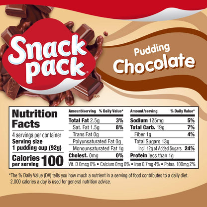 Snack Pack Chocolate Pudding Cups, 3.25 Ounce, 4 Count (Pack of 1)