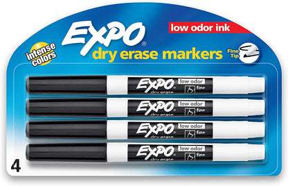 EXPO Low Odor Dry Erase Markers, Fine Tip, Black, 4 Count