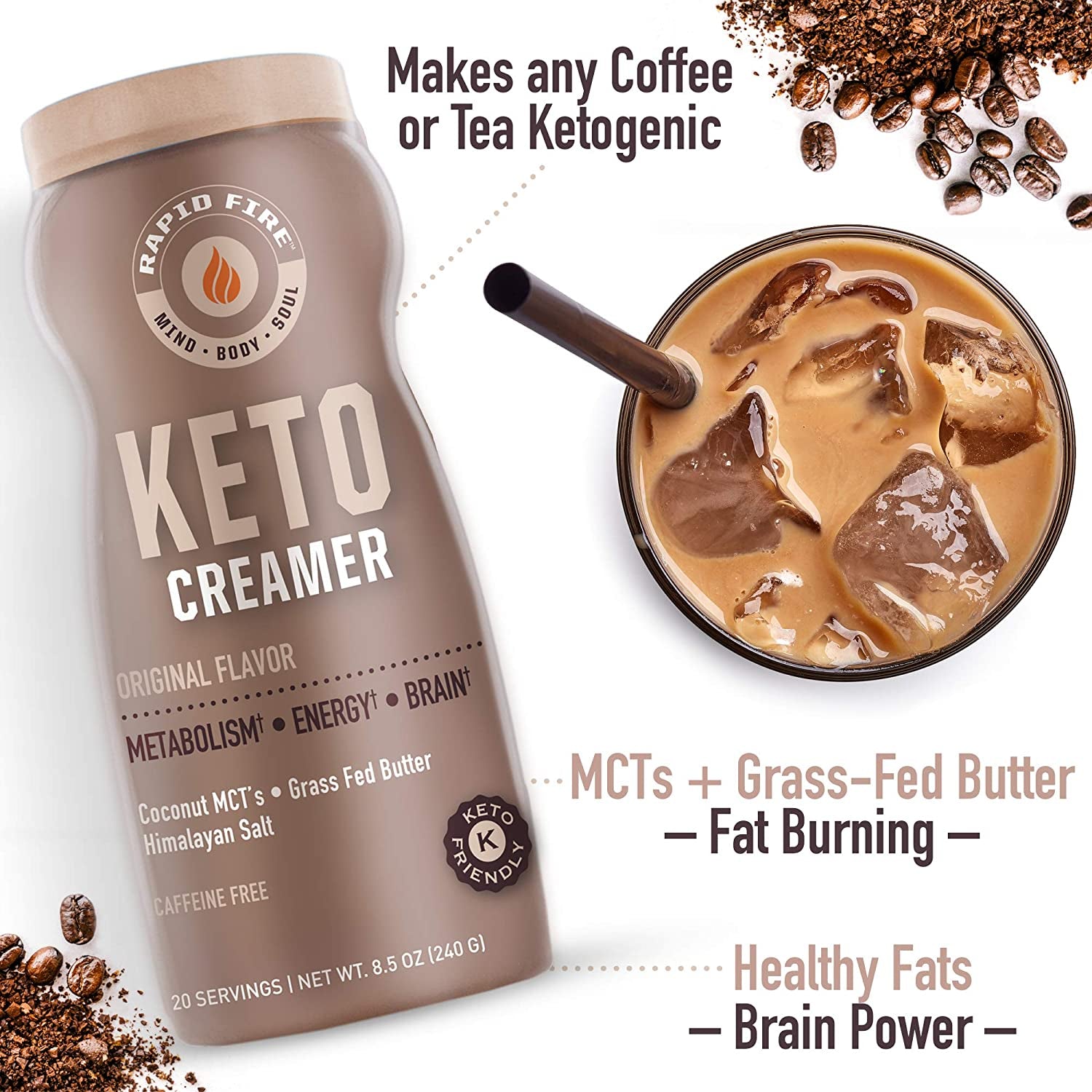 RAPID FIRE Ketogenic Creamer with MCT Oil for Coffee or Tea, Supports Energy and Metabolism, Weight Loss, Ketogenic Diet 8.5 Oz. (20 Servings)