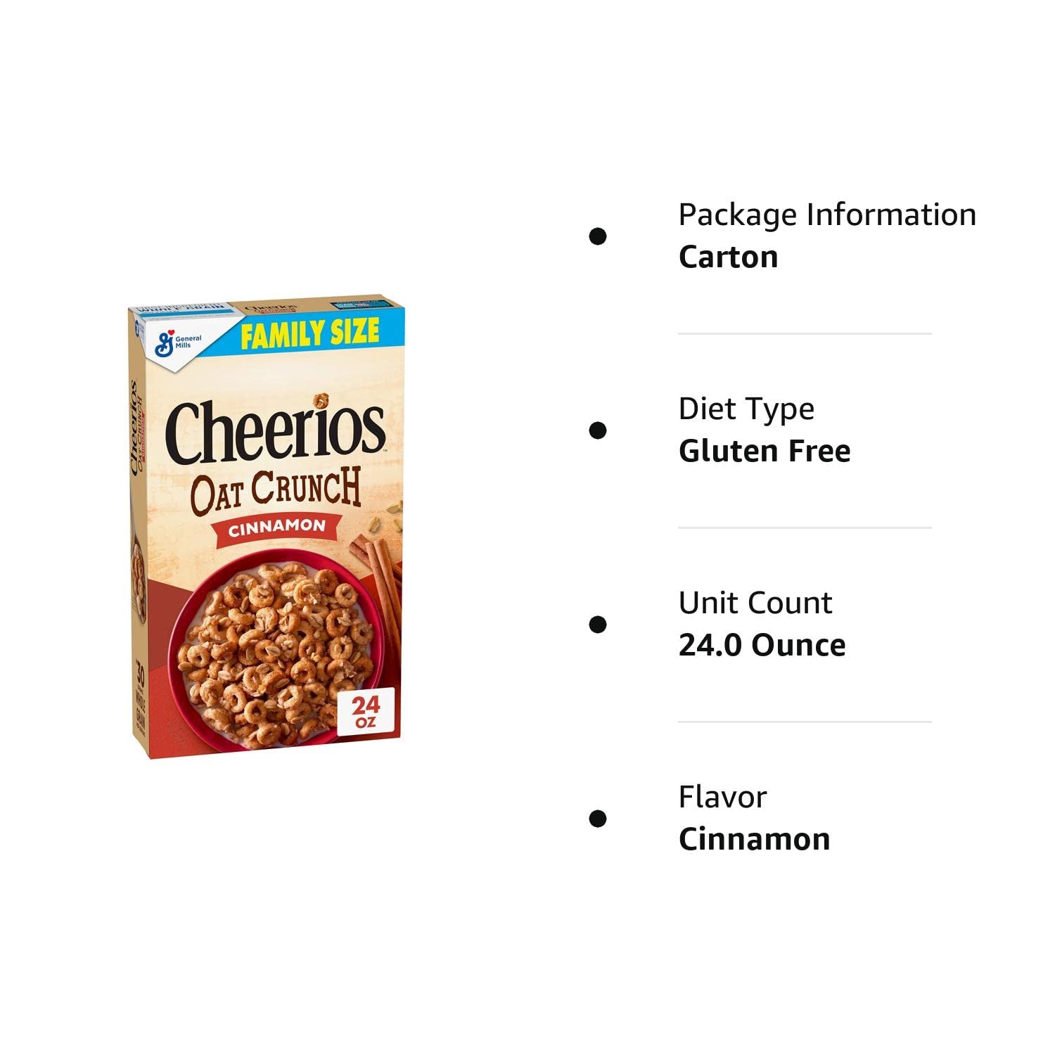 Cheerios Oat Crunch Cinammon Oat Breakfast Cereal, Family Size, 24 Oz