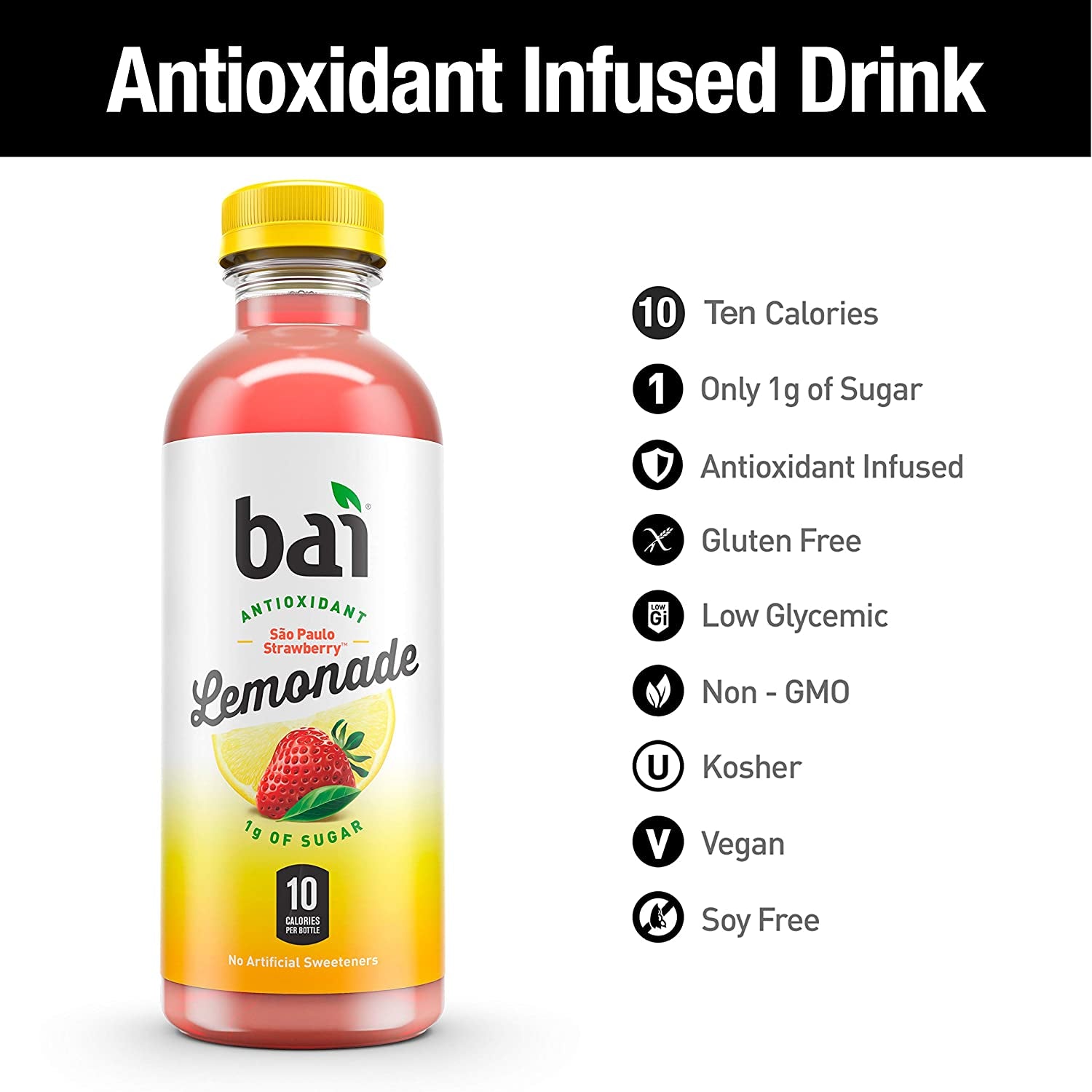 Bai Flavored Water, São Paulo Strawberry Lemonade, Antioxidant Infused Drinks, 18 Fl Oz (Pack of 12)