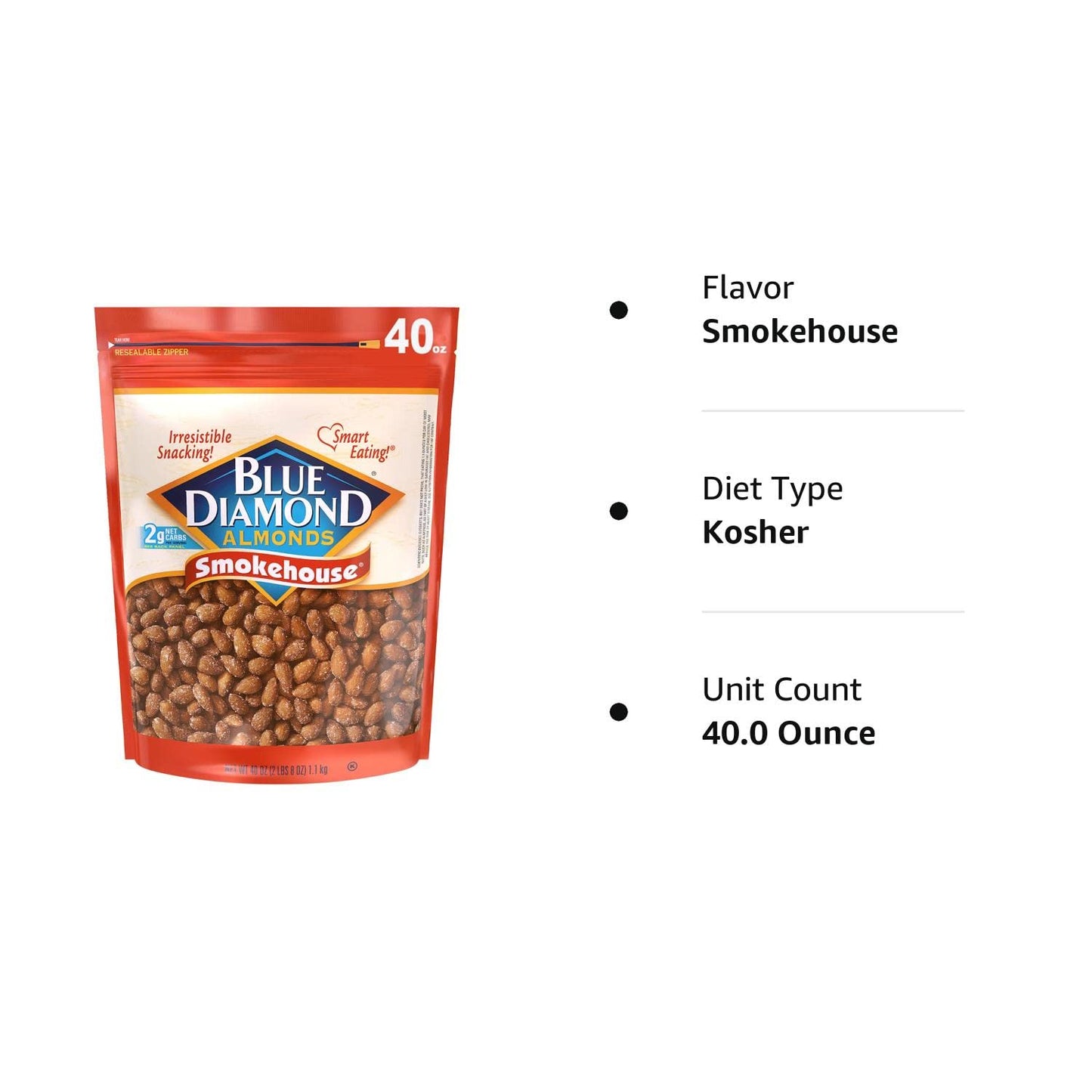 Blue Diamond Almonds Smokehouse Flavored Snack Nuts, 40 Oz Resealable Bag (Pack of 1)