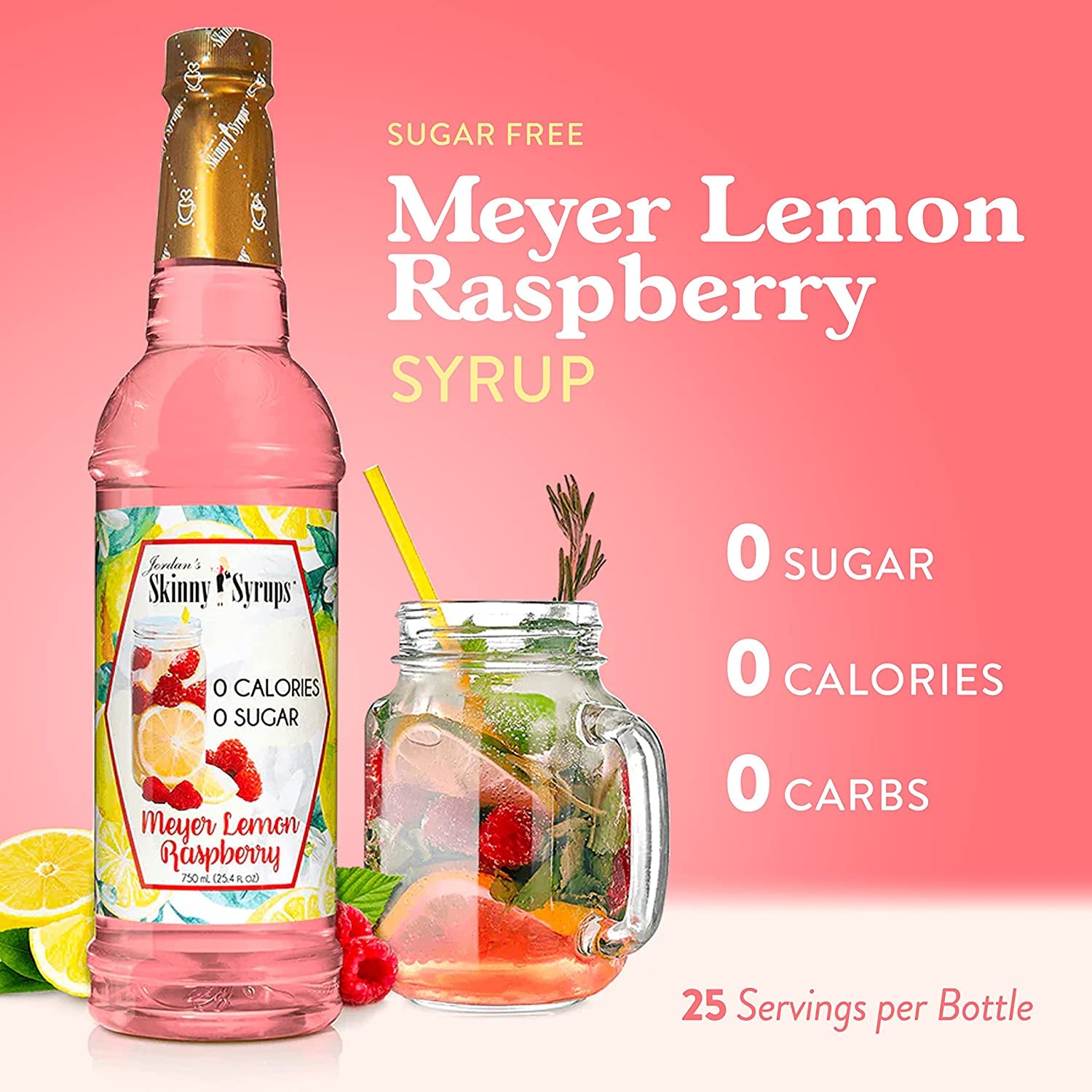 Jordan'S Skinny Mixes Sugar Free Syrup, Meyers Lemon Raspberry Flavor, Fruit Flavored Water Enhancer, Drink Mix for Ice Tea, Lemonade & More, Zero Calorie Flavoring, Keto Friendly, 25.4 Fl Oz, 1 Pack