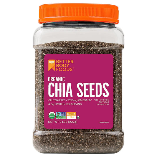 Betterbody Foods Organic Chia Seeds with Omega-3, Non-Gmo, Gluten Free, Keto Diet Friendly, Vegan, Good Source of Fiber, 2 Lbs, 32 Oz