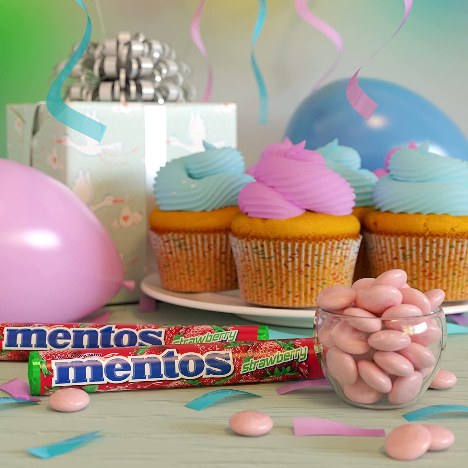 Mentos Chewy Mint Candy Roll, Strawberry, Non Melting, Party,15 Count (Pack of 1)