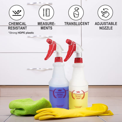 Uineko Plastic Spray Bottle (4 Pack, 24 Oz, All-Purpose) Heavy Duty Spraying Bottles Leak Proof Mist Empty Water Bottle for Cleaning Solution Planting Pet with Adjustable Nozzle and Measurements