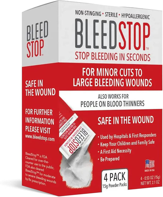 Bleedstop™ First Aid Powder for Blood Clotting, Trauma Kit, Blood Thinner Patients, Camping Safety, and Survival Equipment for Moderate to Severe Bleeding Wounds or Nosebleeds - 4 (15G) Pouches