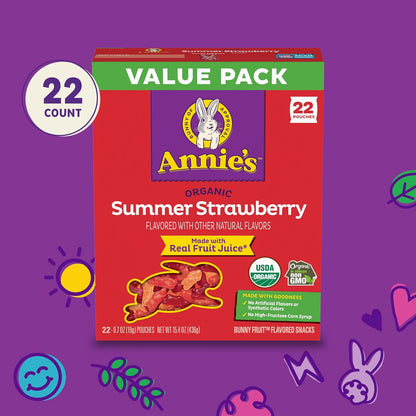 Annie'S Organic Bunny Fruit Flavored Snacks, Summer Strawberry, Gluten Free, Value Pack, 22 Pouches, 15.4 Oz.