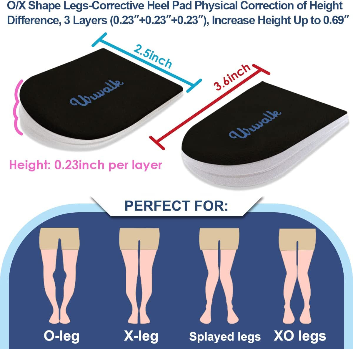 Urwalk 3 Layers Adjustable Supination & Over-Pronation Corrective Shoe Inserts, Medial & Lateral Heel Wedge Insoles for Foot Alignment, Knee Pain, Bow Legs, Osteoarthritis (Black - Large)