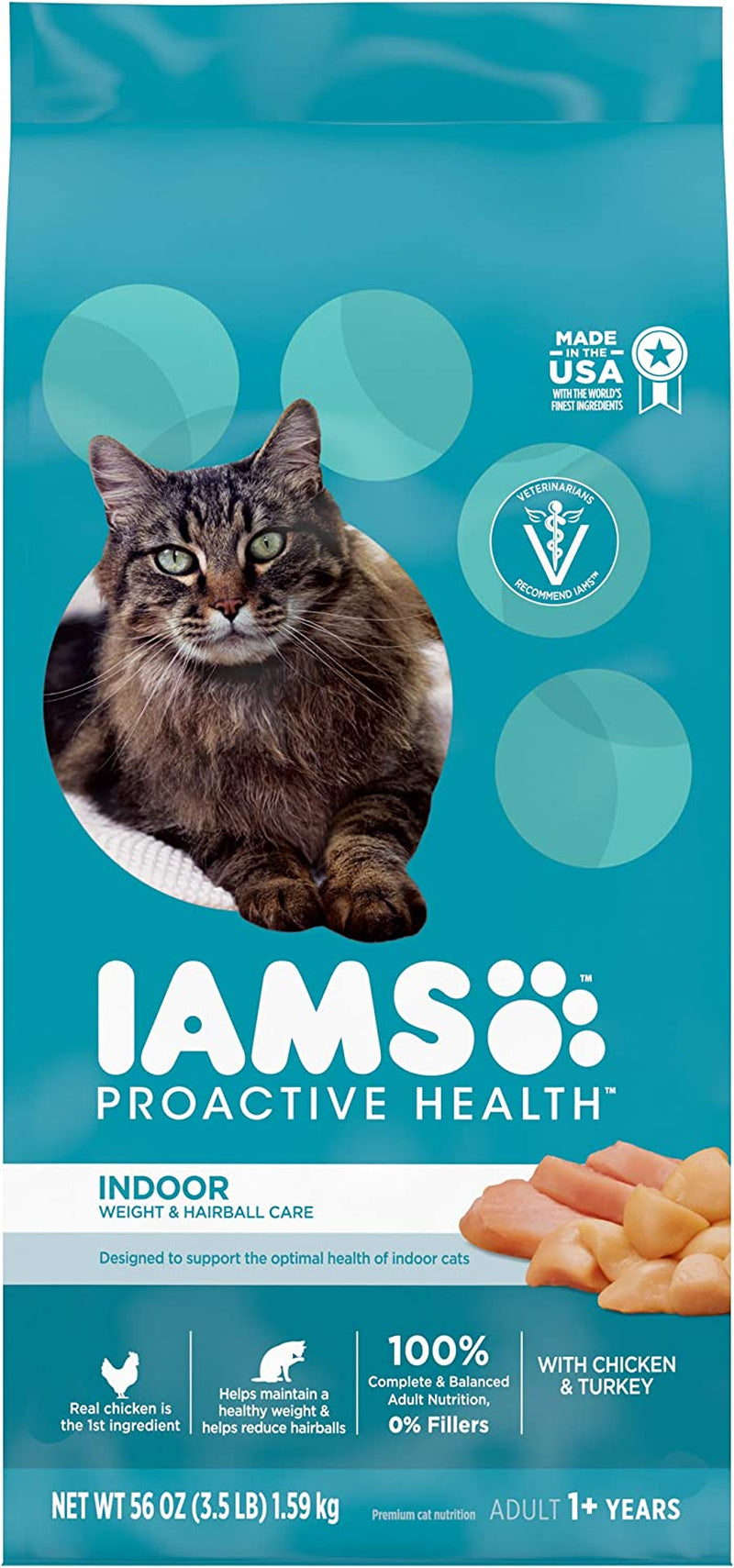 IAMS PROACTIVE HEALTH Adult Indoor Weight Control & Hairball Care Dry Cat Food with Chicken & Turkey Cat Kibble, 3.5 Lb. Bag