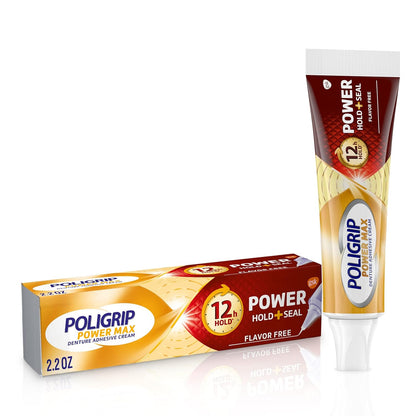 Super Poligrip Power Max Power Hold plus Seal Denture Adhesive Cream, Denture Cream for Secure Hold and Food Seal, Flavor Free - 2.2 Oz