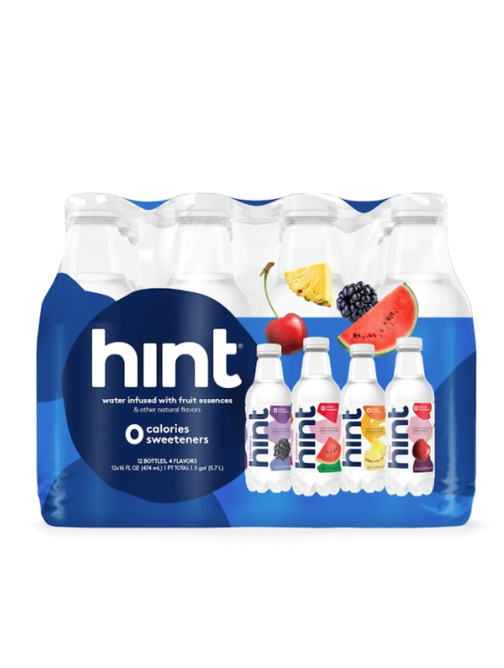 Hint Water Best Sellers Pack (Pack of 12), 16 Ounce Bottles, 3 Bottles Each Of: Watermelon, Blackberry, Cherry, and Pineapple, Zero Calories, Zero Sugar and Zero Sweeteners