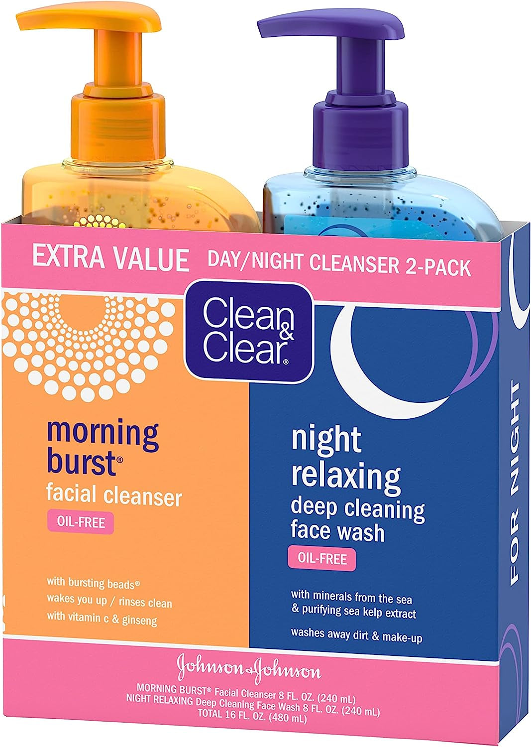 Clean & Clear 2-Pack of Day & Night Face Wash with Citrus Morning Burst Facial Cleanser with Vitamin C + Cucumber and Night Relaxing Face Wash, Oil-Free Facial Cleanser, Hypoallergenic Face Wash