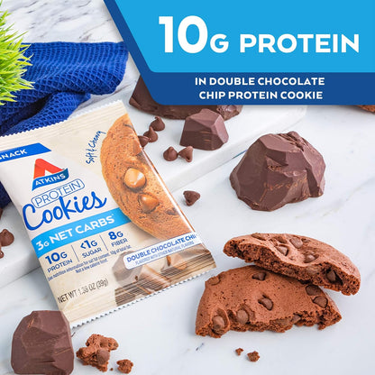 Atkins Double Chocolate Chip Protein Cookie, Protein Dessert, Rich in Fiber, 3G Net Carbs, 1G Sugar, Keto Friendly, 4 Count