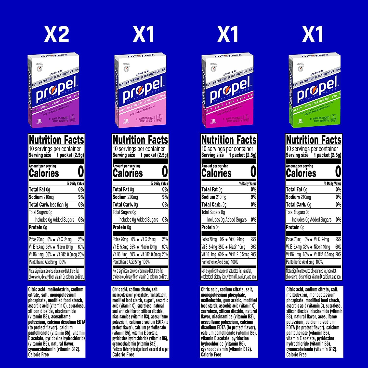 Propel Powder Packets 4 Flavor Variety Pack with Electrolytes, Vitamins and No Sugar 10 Count (Pack of 5) (Packaging May Vary)