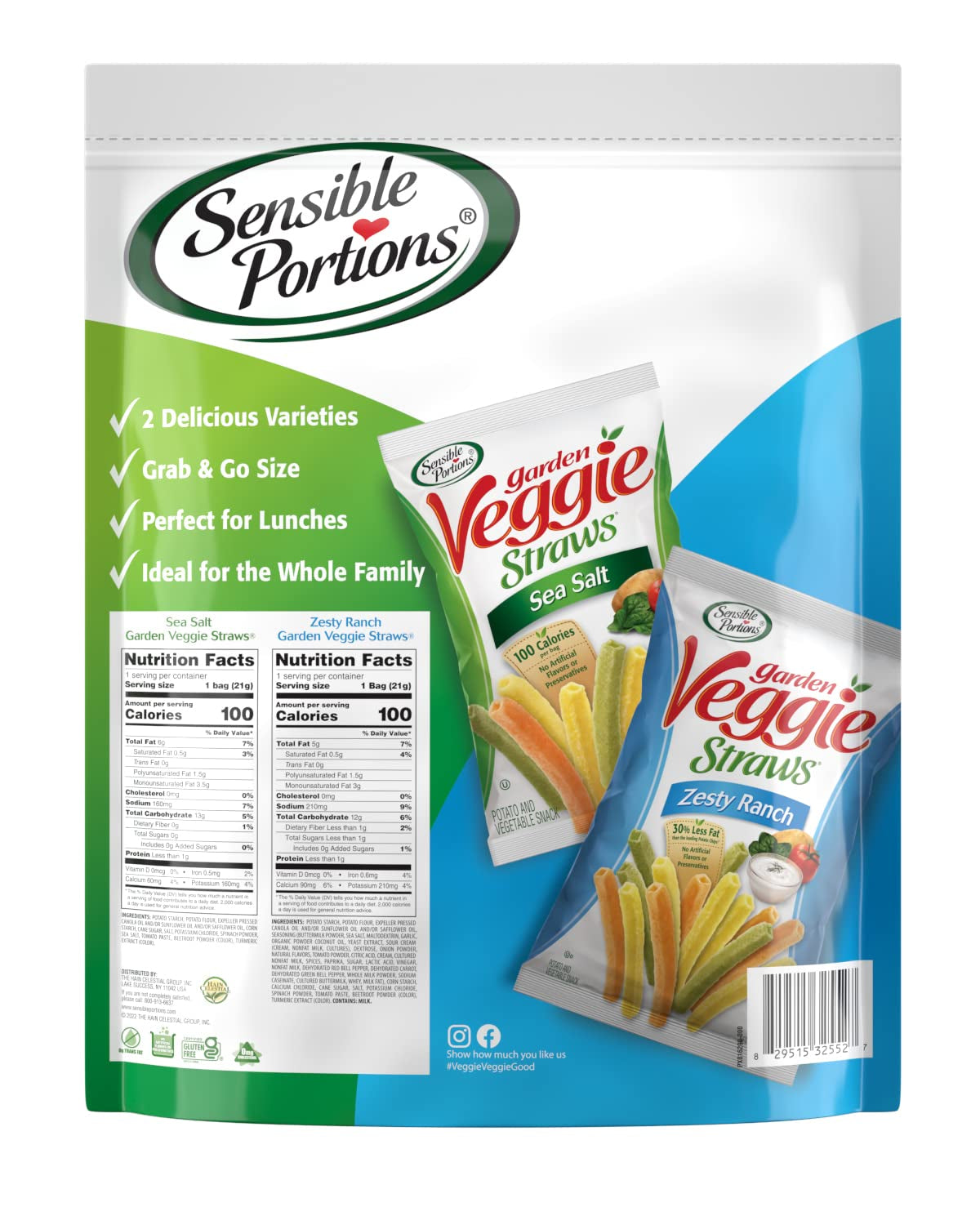 Sensible Portions Garden Veggie Straws, Sea Salt & Ranch Multipack, 75 Oz Bag, 10 Count