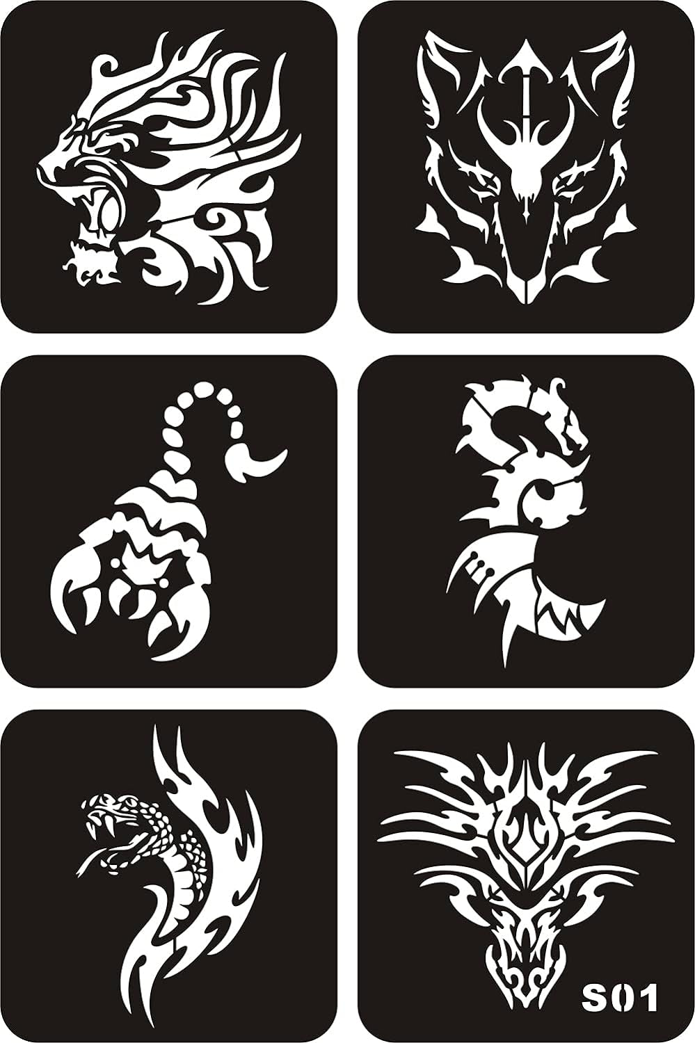 Kotbs 6 Sheets Temporary Tattoo Stencils, 34Pcs Animal Tiger Wolf Totem Patterns Henna Tattoo Stencil Kit Temporary Glitter Airbrush Tattoo Stencils Arabian Tattoo Stickers for Face Body Paint Art