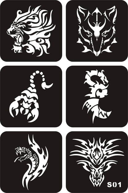 Kotbs 6 Sheets Temporary Tattoo Stencils, 34Pcs Animal Tiger Wolf Totem Patterns Henna Tattoo Stencil Kit Temporary Glitter Airbrush Tattoo Stencils Arabian Tattoo Stickers for Face Body Paint Art