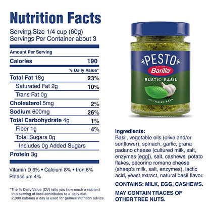 BARILLA Rustic Basil Pesto Sauce, 6.5 Oz. Jar - Imported from Italy - Made with Fragrant Italian Basil & Freshly Grated Italian Cheeses - Non-Gmo Ingredients - Pasta Sauce, Pizza Sauce & More