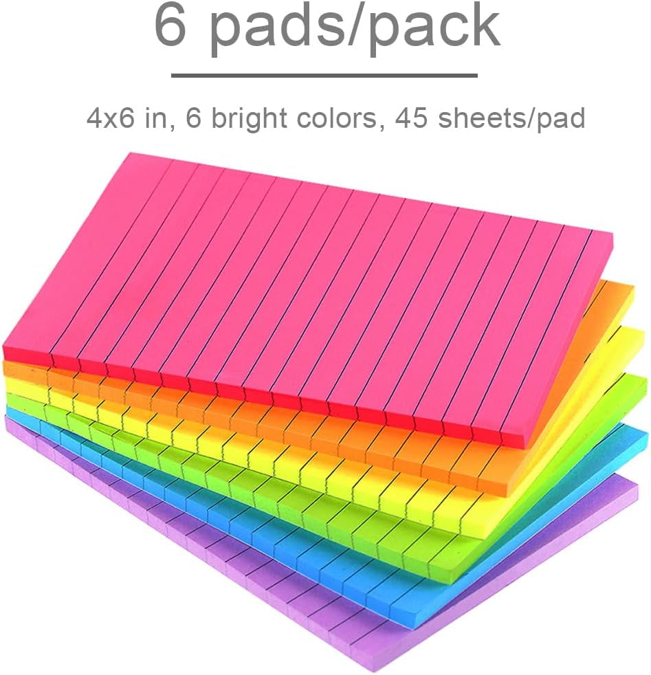 Lined Sticky Notes 4X6 in Bright Ruled Post Stickies Colorful Super Sticking Power Memo Pads Its Strong Adhesive, 6 Pads/Pack, 45 Sheets/Pad