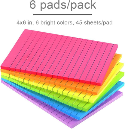 Lined Sticky Notes 4X6 in Bright Ruled Post Stickies Colorful Super Sticking Power Memo Pads Its Strong Adhesive, 6 Pads/Pack, 45 Sheets/Pad