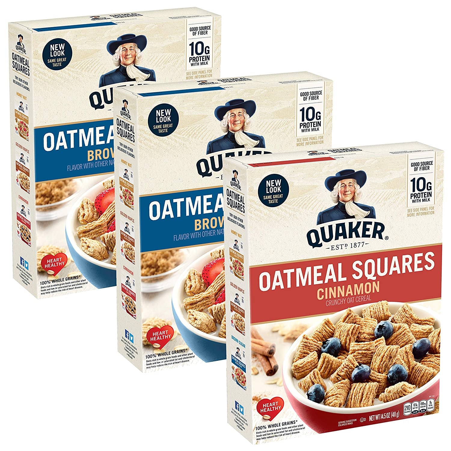 Quaker Oatmeal Squares Breakfast Cereal, Brown Sugar & Cinnamon Variety Pack, 14.5 Ounce (Pack of 3)