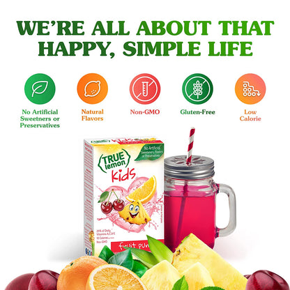 TRUE LEMON KIDS Fruit Punch (10 Packets) - Hydration for Kids - No Preservatives, No Artificial Flavors & Sweeteners - Low Sugar Water Flavoring - Juice Powdered Drink Mix (Packaging May Vary)