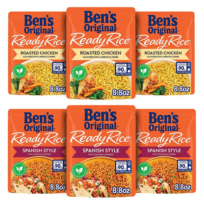 BEN'S ORIGINAL Ready Rice Roasted Chicken and Spanish Style Flavored Rice Variety Pack, Easy Dinner Sides, 8.8 OZ Pouch (Pack of 6)