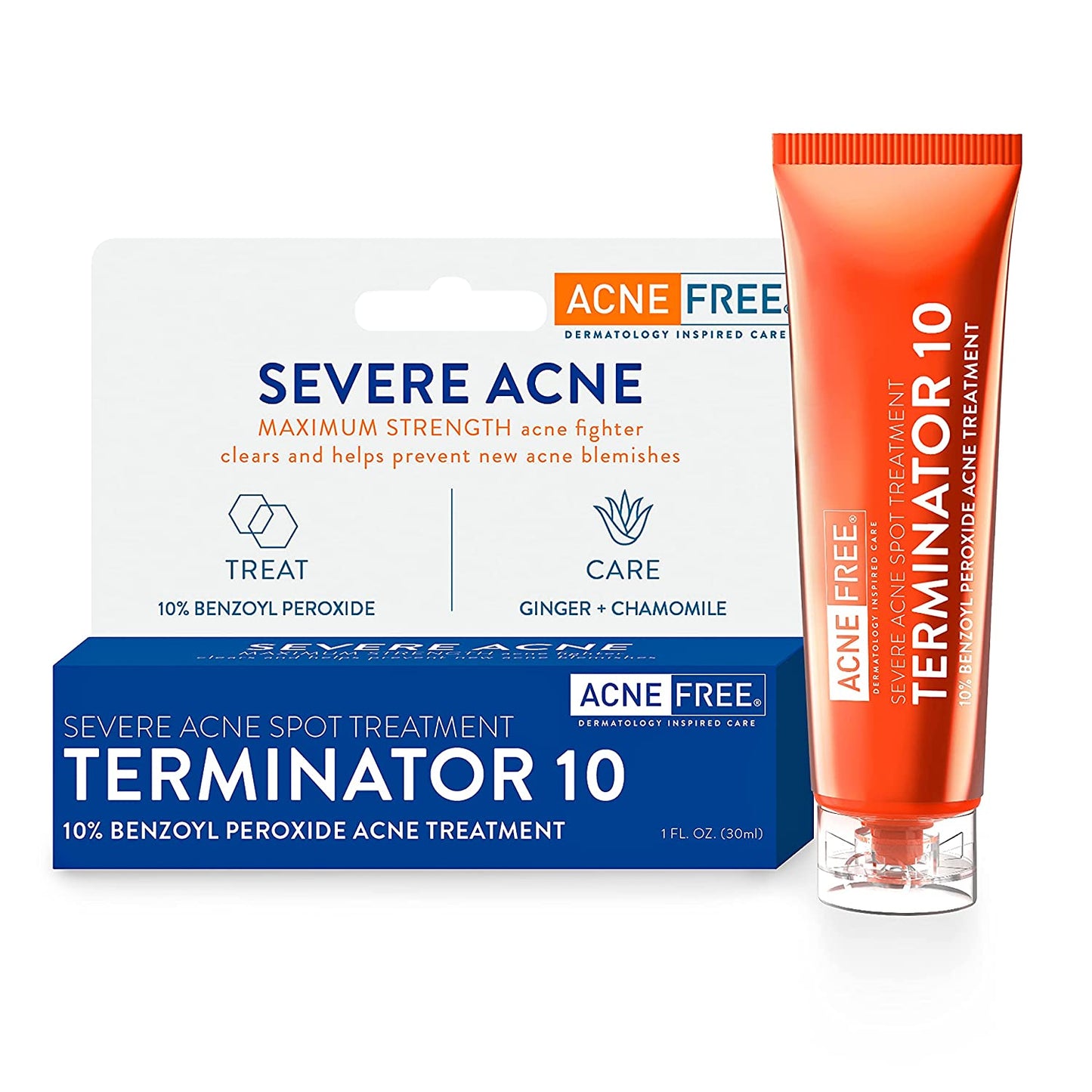 Acnefree Terminator 10 Acne Spot Treatment with Benzoyl Peroxide 10% Maximum Strength Acne Cream Treatment, 1 Ounce - Pack of 1