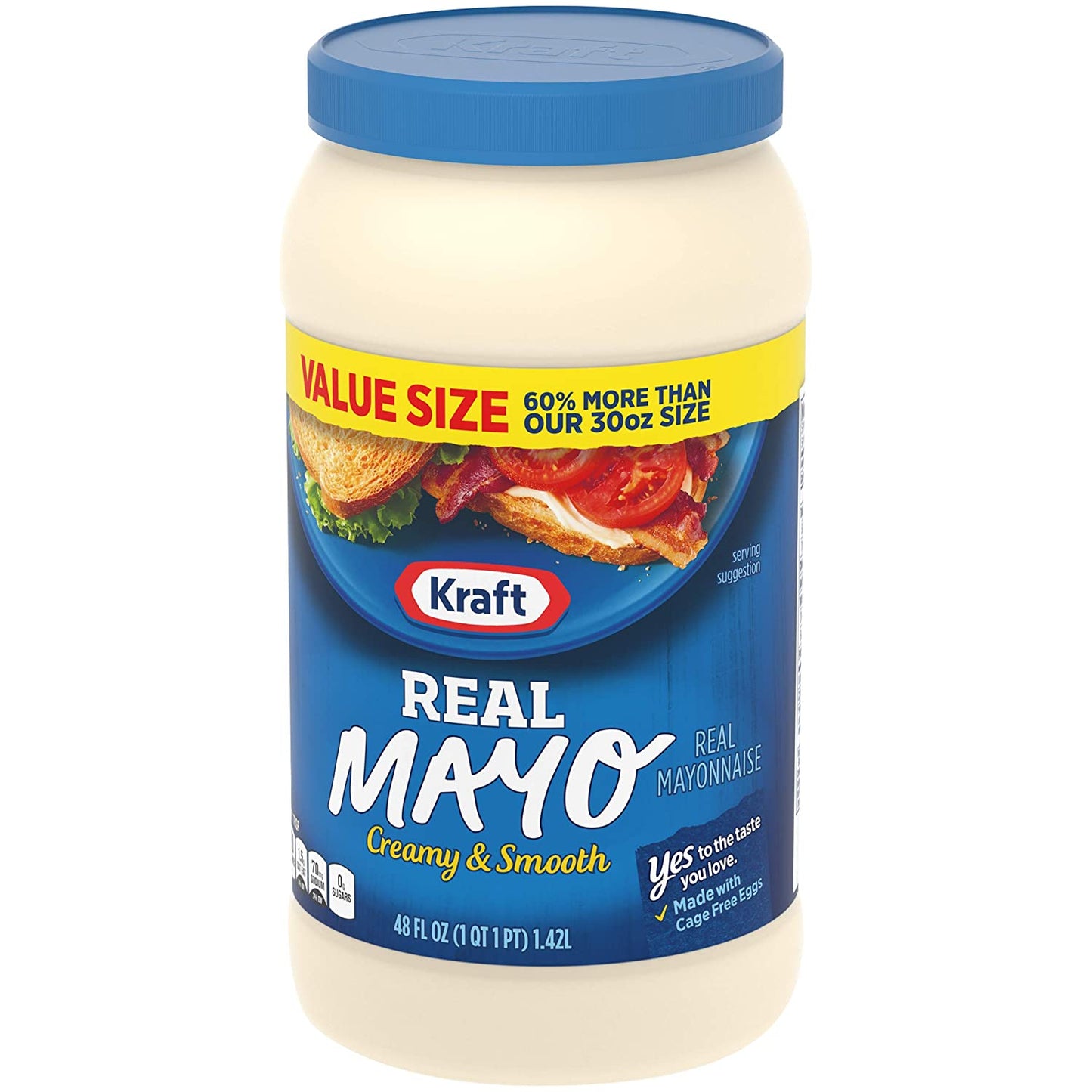 Kraft Real Mayo Creamy & Smooth Mayonnaise - Classic Spreadable Condiment for Sandwiches, Salads and Dips, Made with Cage-Free Eggs, for a Keto and Low Carb Lifestyle, 48 Fl Oz Jar