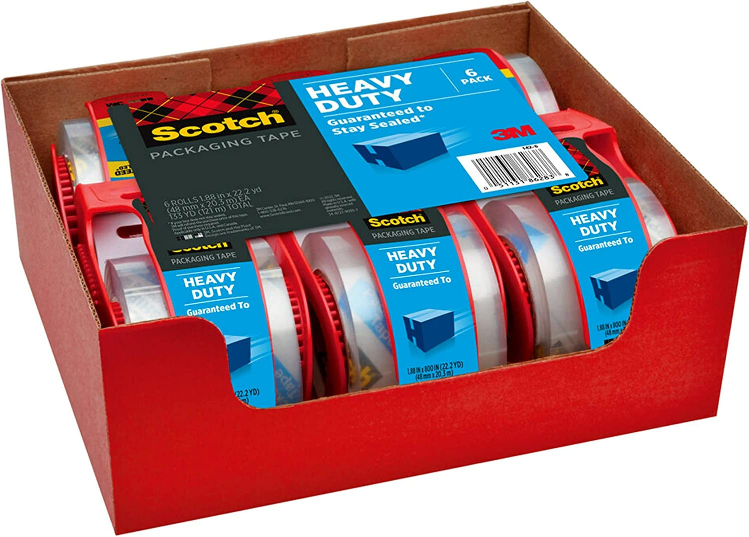 Scotch Heavy Duty Shipping Packing Tape, Clear, Holiday Shipping Supplies, 1.88 In. X 22.2 Yd., 6 Tape Rolls with Dispensers