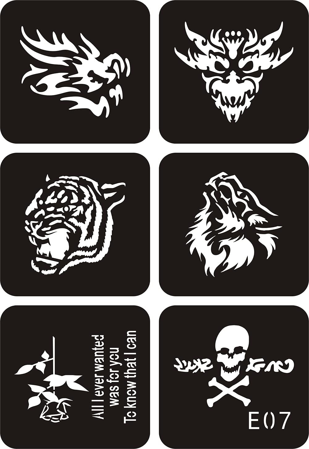 Kotbs 6 Sheets Temporary Tattoo Stencils, 34Pcs Animal Tiger Wolf Totem Patterns Henna Tattoo Stencil Kit Temporary Glitter Airbrush Tattoo Stencils Arabian Tattoo Stickers for Face Body Paint Art