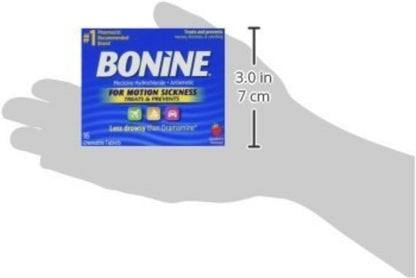 Non-Drowsy Bonine for Motion Sickness Relief, Sea Sickness, Car Sickness, Nausea and Vomiting, with Meclizine Hcl 25Mg, Raspberry, Travel-Sized 16Ct (Packaging May Vary)