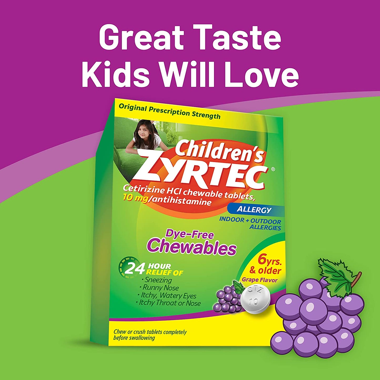 Zyrtec 24 Hour Children'S Allergy Grape Chewables, 10 Mg Cetirizine Hcl Antihistamine per Tablet, Allergy Medicine for Kids Relieves Sneezing, Itchy Throat & More, Dye-Free, Grape, 24 Ct