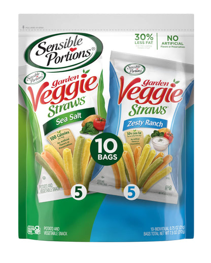 Sensible Portions Garden Veggie Straws, Sea Salt & Ranch Multipack, 75 Oz Bag, 10 Count