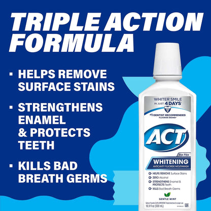 ACT Whitening + Anticavity Fluoride Mouthwash 16.9 Fl. Oz. with Zero Alcohol, Dye Free, Gentle Mint