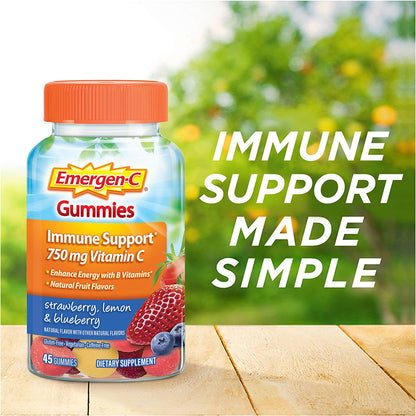 Emergen-C 750Mg Vitamin C Gummies for Adults, Immune Support Gummies, Gluten Free, Strawberry, Lemon and Blueberry Flavors - 45 Count