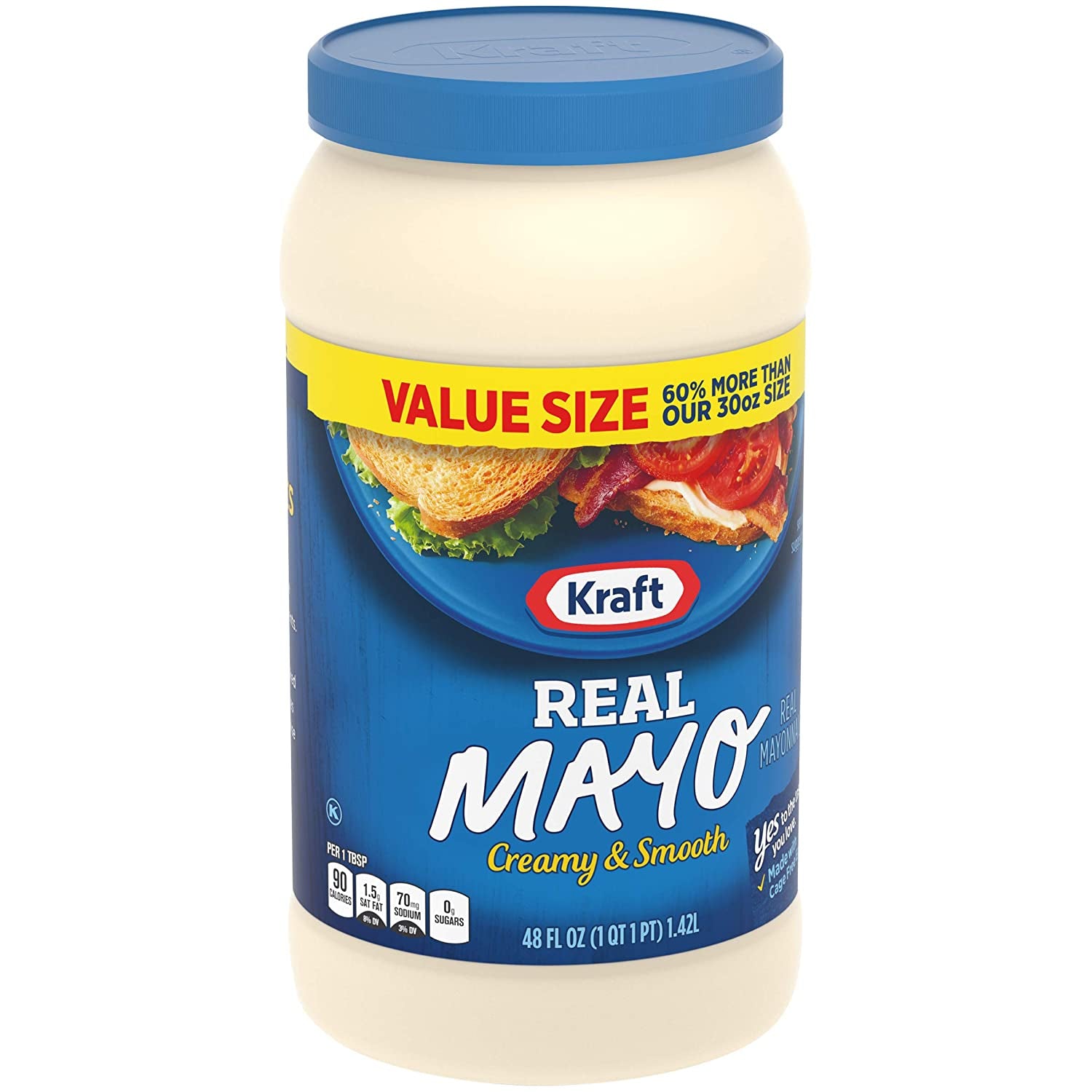 Kraft Real Mayo Creamy & Smooth Mayonnaise - Classic Spreadable Condiment for Sandwiches, Salads and Dips, Made with Cage-Free Eggs, for a Keto and Low Carb Lifestyle, 48 Fl Oz Jar