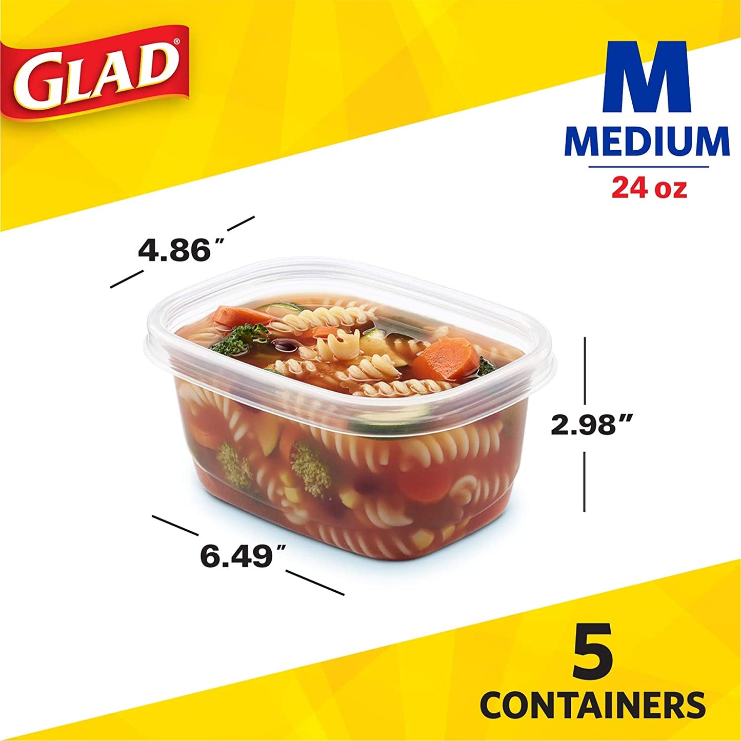 Gladware Soup & Salad Food Storage Containers for Everyday Use | Medium Rectangle Containers for Food Storage | Containers Hold up to 24 Ounces of Food, 5 Count Set