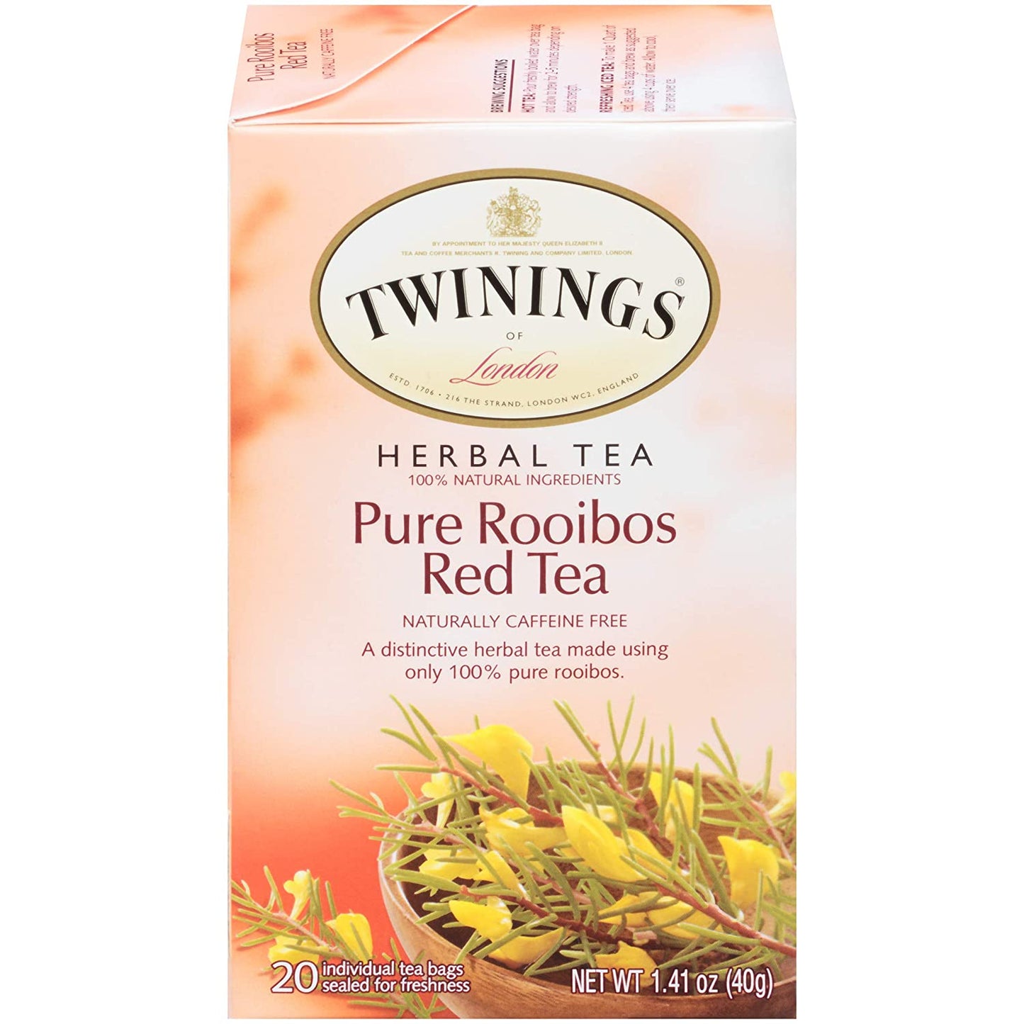 Twinings Pure Rooibos Red Herbal Tea, 20 Count Pack of 6, Sweet with Uplifting Aroma, Naturally Caffeine Free