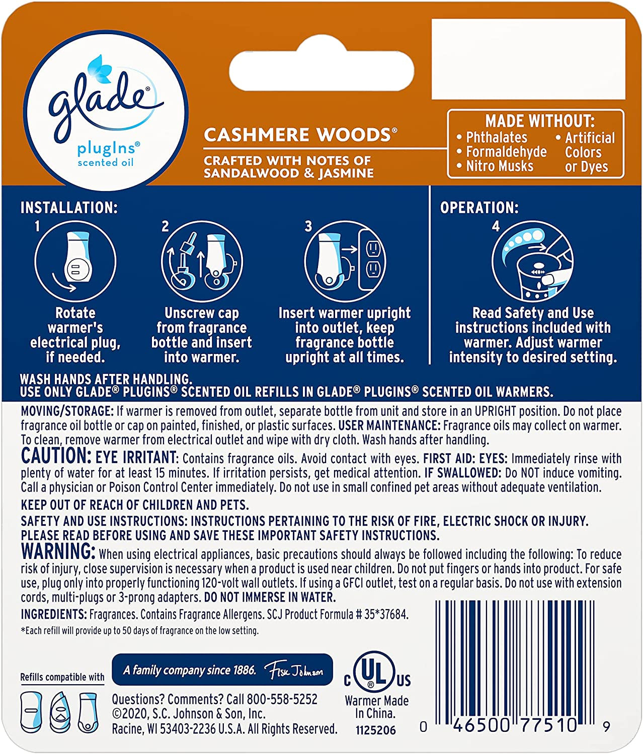 Glade Plugins Refills Air Freshener Starter Kit, Scented Oil for Home and Bathroom, Cashmere Woods, 0.67 Fl Oz, 1 Warmer + 1 Refill