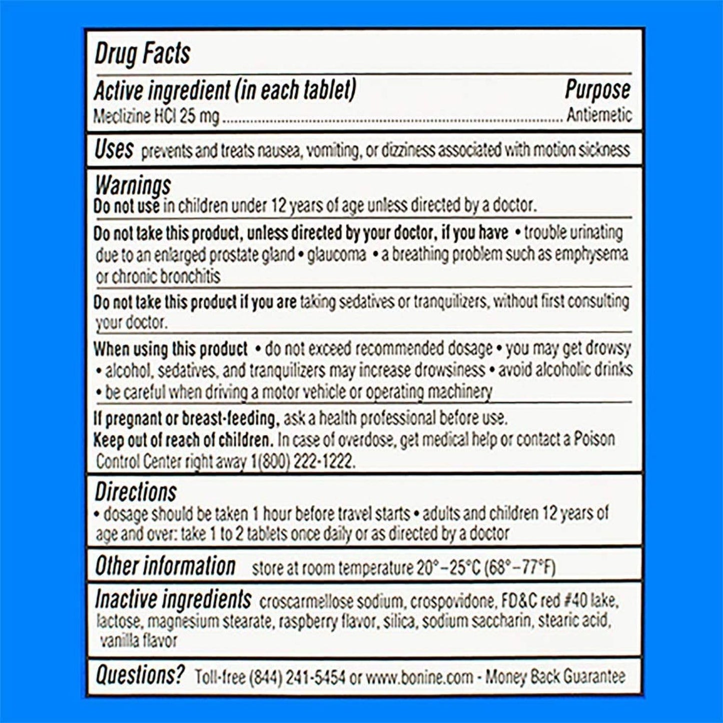 Non-Drowsy Bonine for Motion Sickness Relief, Sea Sickness, Car Sickness, Nausea and Vomiting, with Meclizine Hcl 25Mg, Raspberry, Travel-Sized 16Ct (Packaging May Vary)