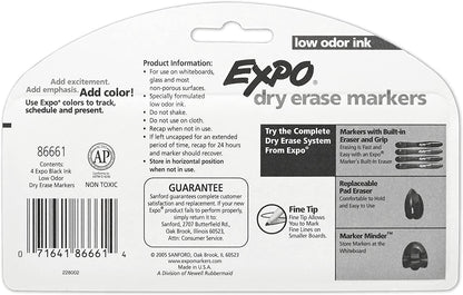 EXPO Low Odor Dry Erase Markers, Fine Tip, Black, 4 Count