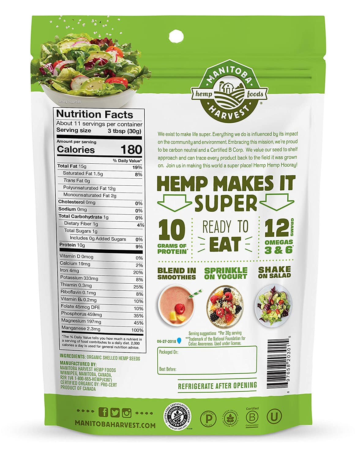 Organic Hemp Hearts, 12Oz; 10G Plant Based Protein and 12G Omega 3 & 6 per Srv | Smoothies, Yogurt & Salad | Non-Gmo, Vegan, Keto, Paleo, Gluten Free | Manitoba Harvest