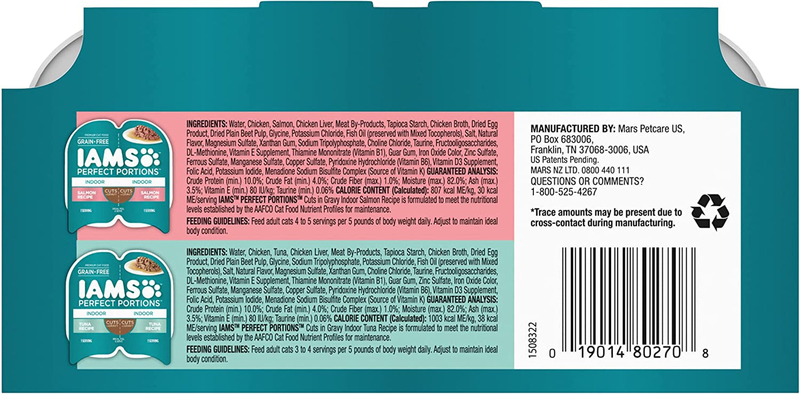 (12 Pack - 24 Servings) IAMS PERFECT PORTIONS Adult Indoor Cat Grain Free Wet Cat Food Cuts in Gravy Tuna Recipe, Salmon Recipe Variety Pack, 2.6 Oz. Easy Peel Twin-Pack Trays