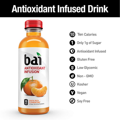 Bai Flavored Water, Costa Rica Clementine, Antioxidant Infused Drinks, 18 Fluid Ounce Bottles, (Pack of 12)