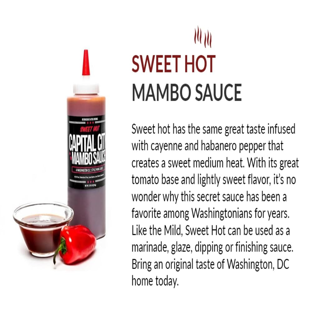 Capital City Mambo Sauce - Variety 2 Pack - Sweet Hot & Mild | Washington DC Wing Sauces | Perfect Condiment Topping for Wings, Chicken, Pork, Beef, Seafood, Burgers, Rice or Noodles | 12 Oz Bottles (2 Pack)